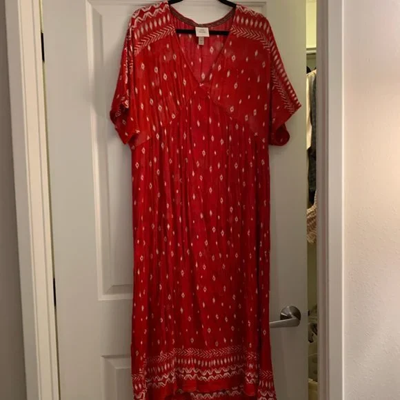 open lace back dress Silk & Salt V Neck Aztec Long Sleeve Midi Dress Red White Medium